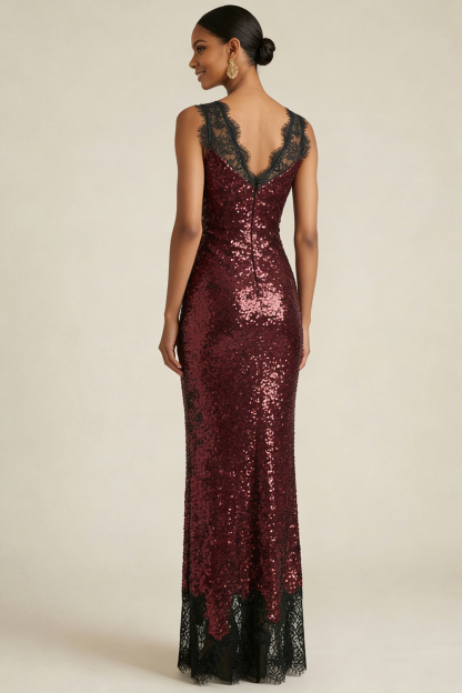 Burgundy Formal Party Dress V-Neck Sequin Maxi Dress with Lace