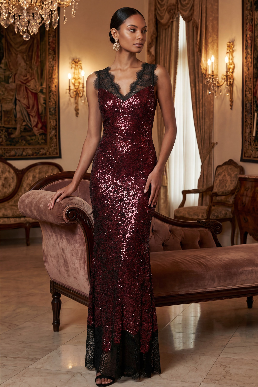 Burgundy Formal Party Dress V-Neck Sequin Maxi Dress with Lace