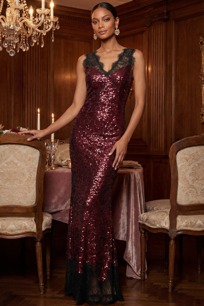 Burgundy Formal Party Dress V-Neck Sequin Maxi Dress with Lace