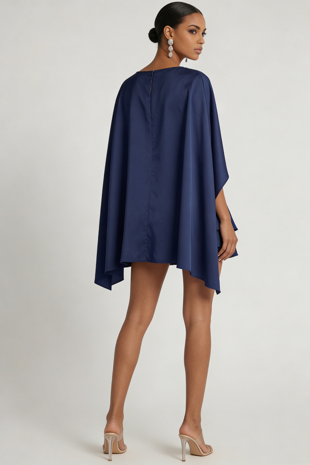Navy Formal Evening Dress A-Line Tiered Satin Mini Dress with Cape
