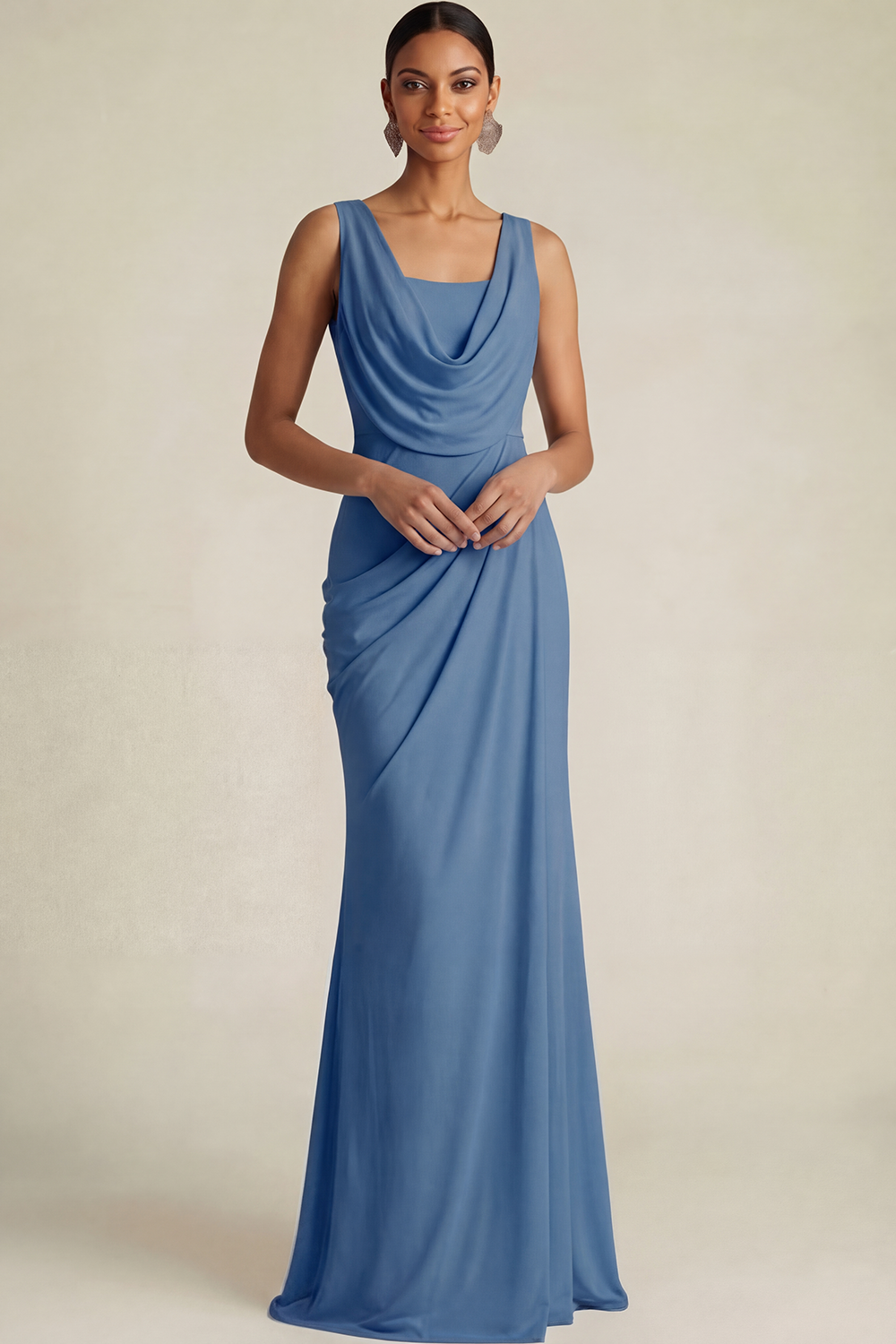 Sky Blue Formal ​Wedding Bridesmaid Dress Cowl Neck Chiffon Maxi Dress