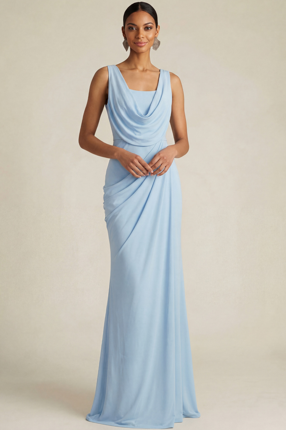 Sky Blue Formal ​Wedding Bridesmaid Dress Cowl Neck Chiffon Maxi Dress