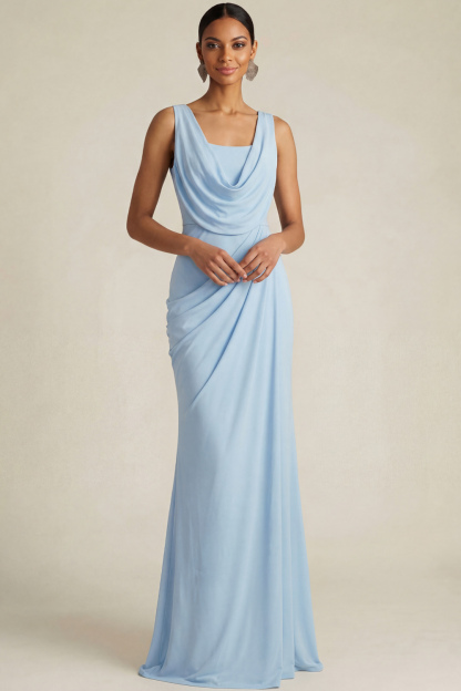 Sky Blue Formal ​Wedding Bridesmaid Dress Cowl Neck Chiffon Maxi Dress 
