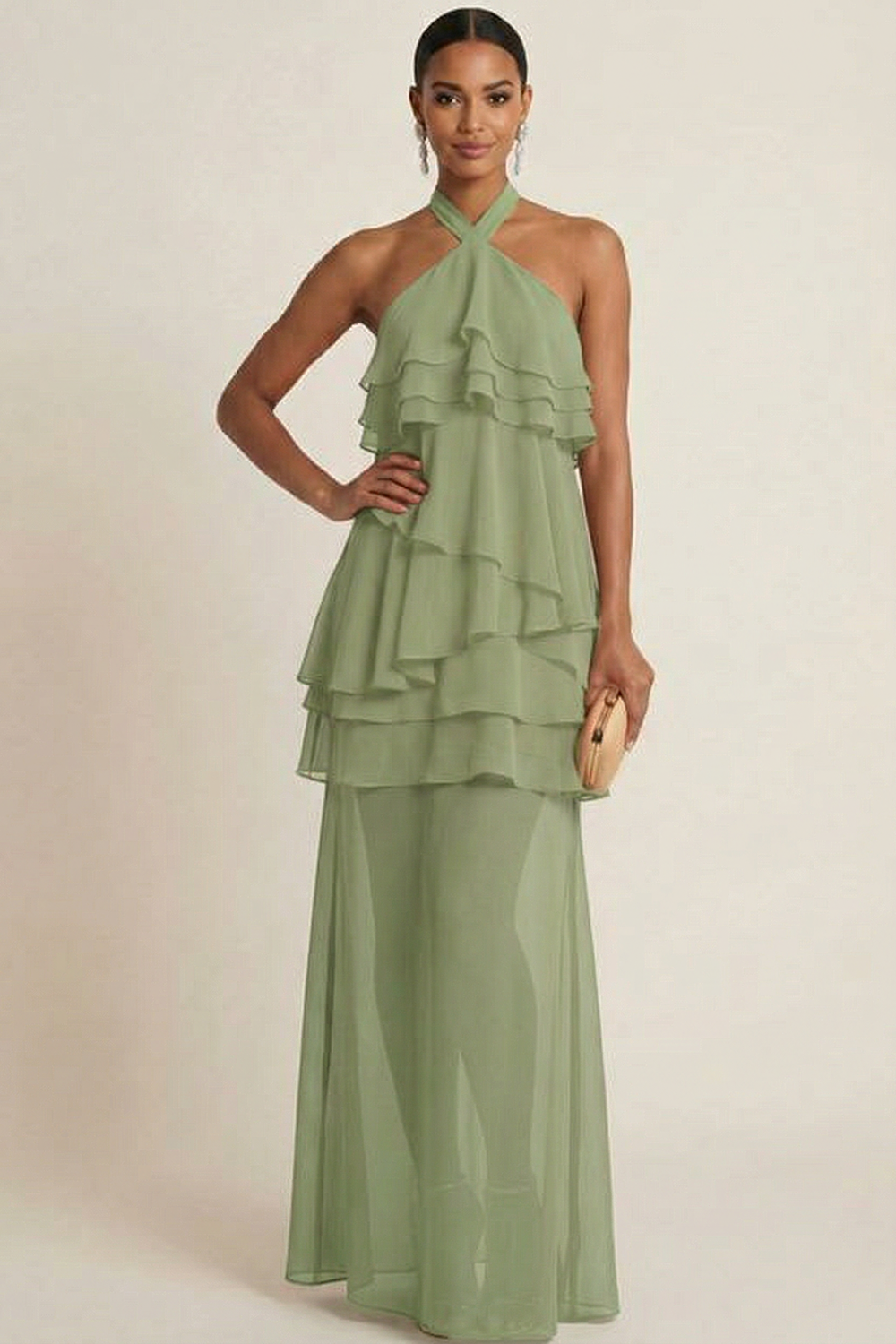 Fuchsia Formal Evening Dress A-Line Halter Ruffle Chiffon Maxi Dress