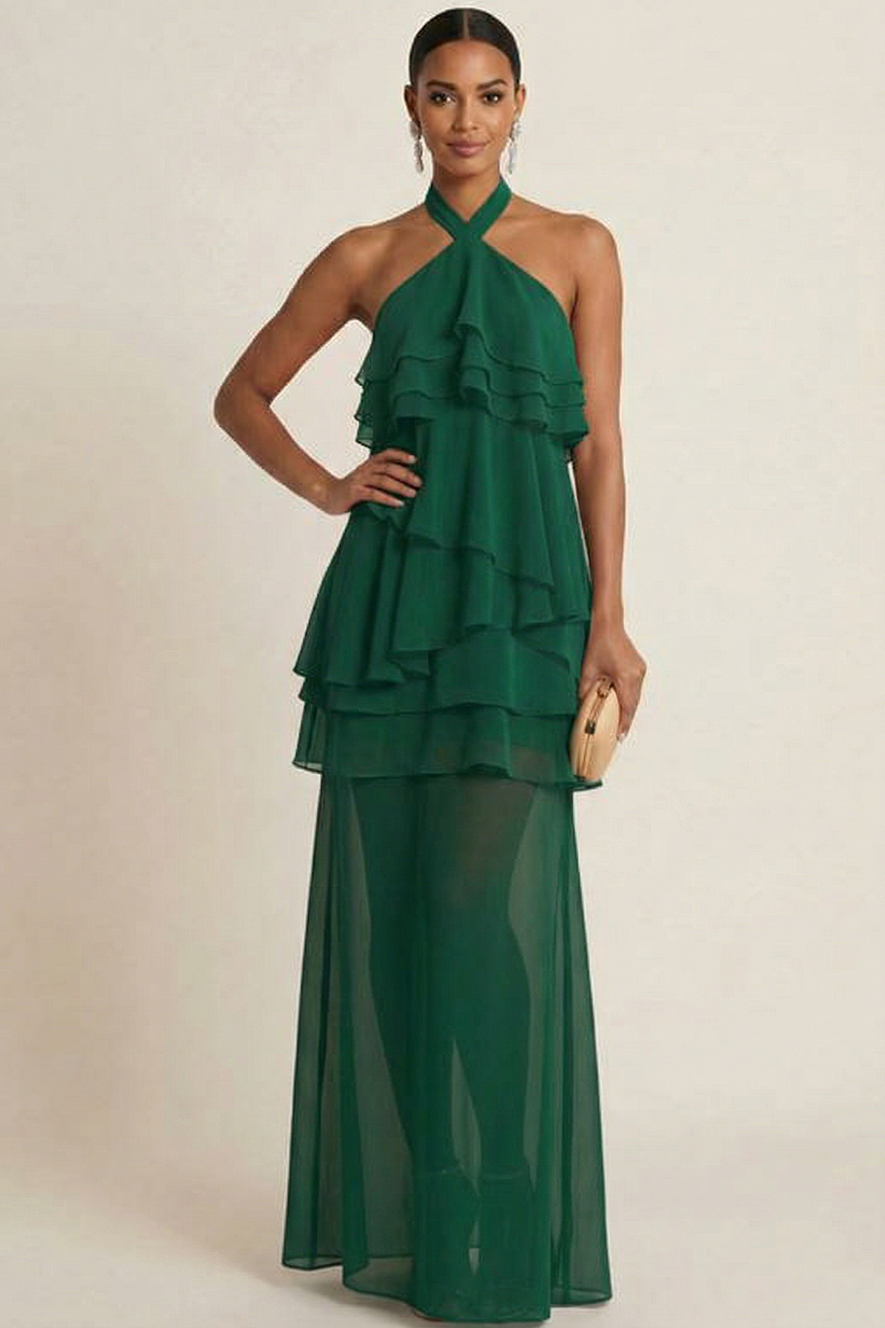 Fuchsia Formal Evening Dress A-Line Halter Ruffle Chiffon Maxi Dress