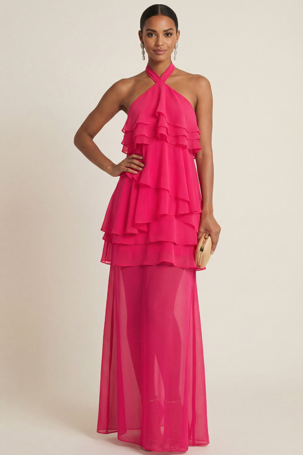 Fuchsia Formal Evening Dress A-Line Halter Ruffle Chiffon Maxi Dress