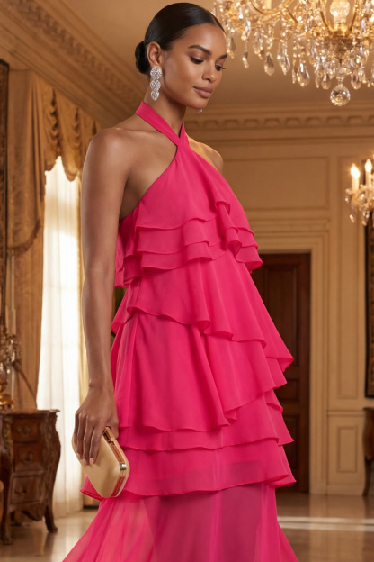 Fuchsia Formal Evening Dress A-Line Halter Ruffle Chiffon Maxi Dress