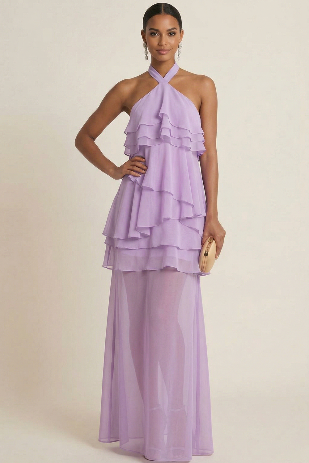 Fuchsia Formal Evening Dress A-Line Halter Ruffle Chiffon Maxi Dress