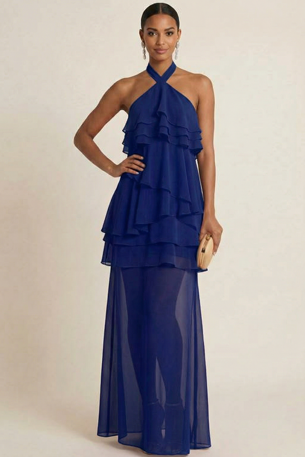 Fuchsia Formal Evening Dress A-Line Halter Ruffle Chiffon Maxi Dress