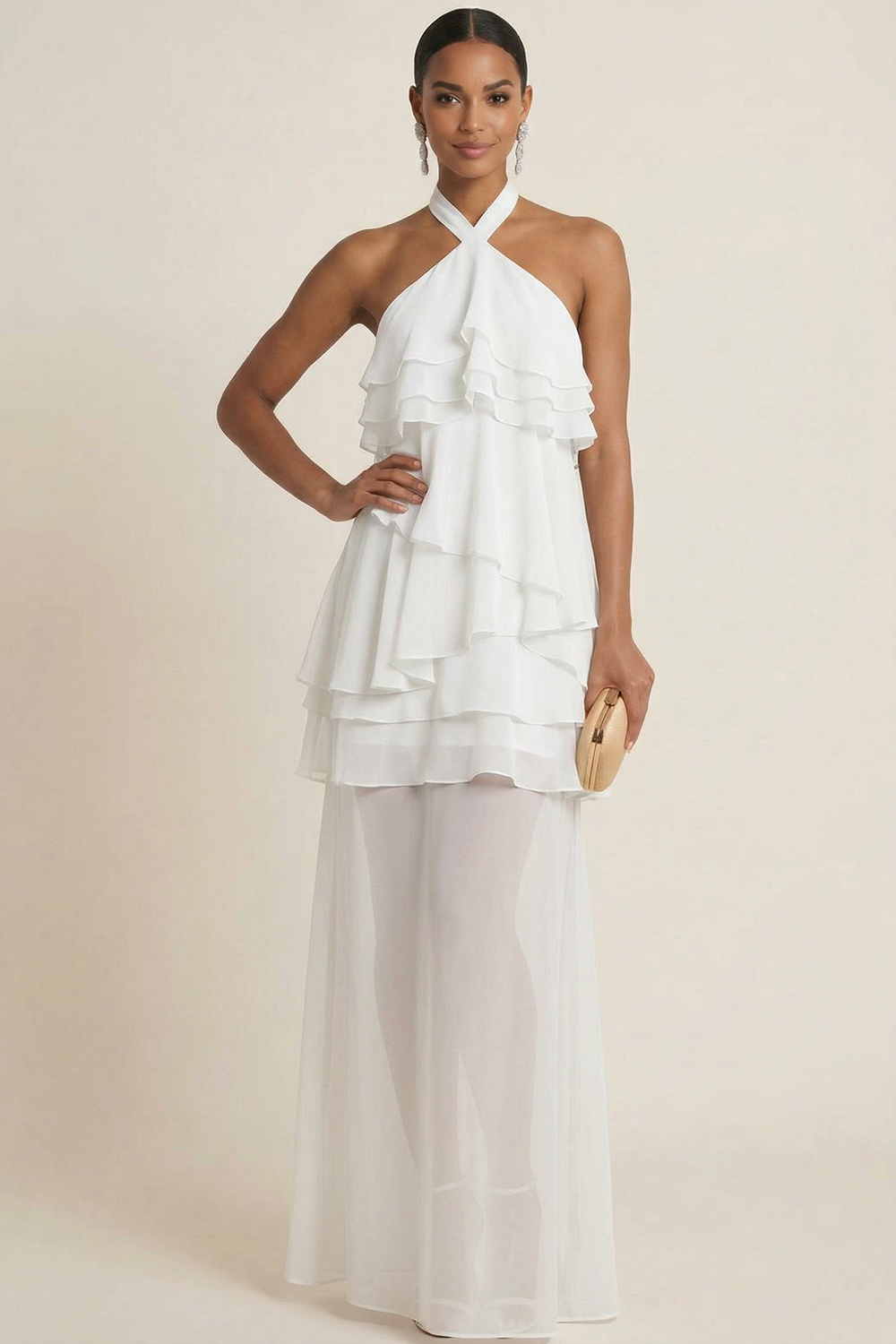 Fuchsia Formal Evening Dress A-Line Halter Ruffle Chiffon Maxi Dress