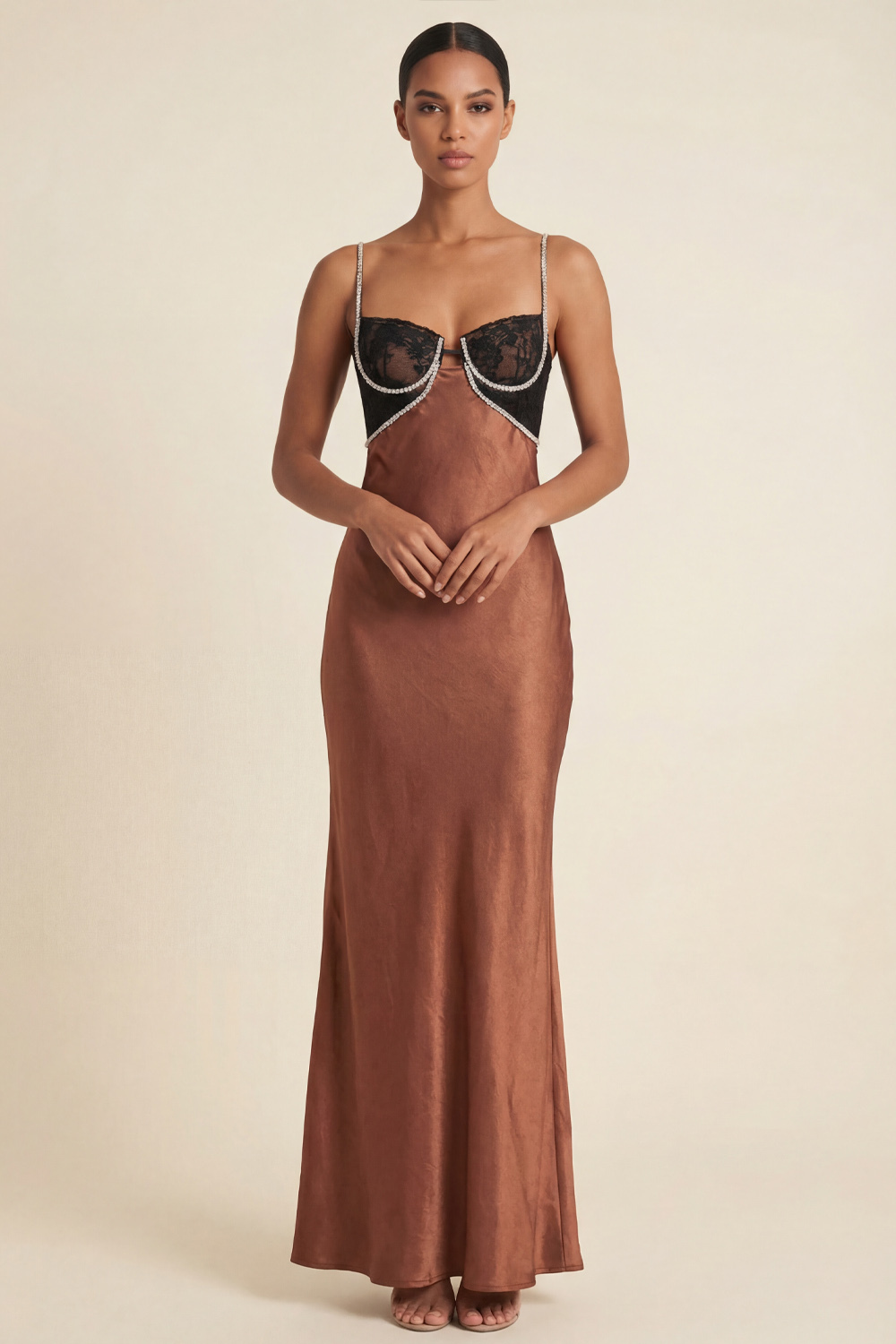 Bronze Formal Evening Dress Mermaid Spaghetti Straps Satin Maxi Dress