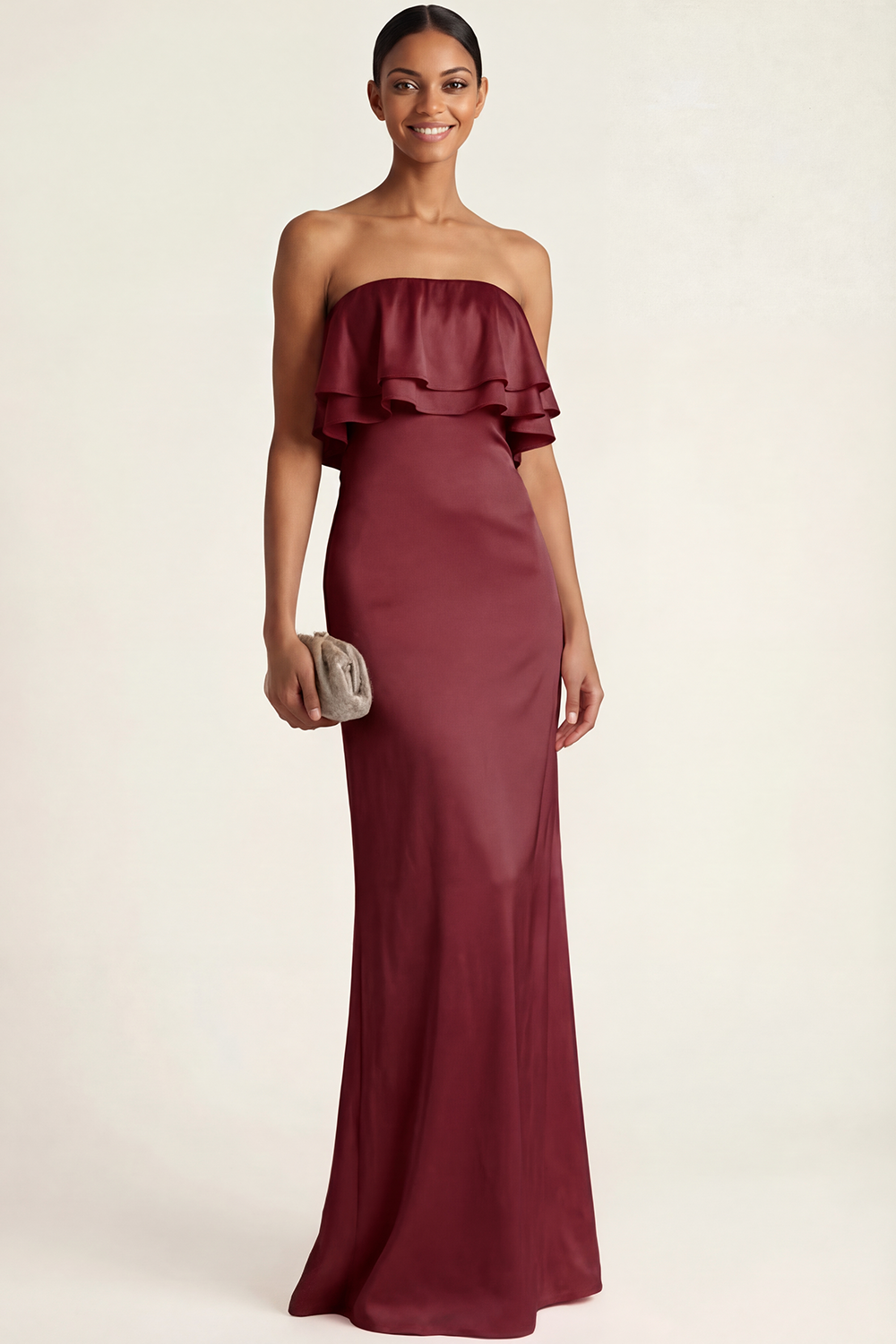 Pink Formal ​Wedding Bridesmaid Dress Strapless Ruffled Satin Maxi Dress 