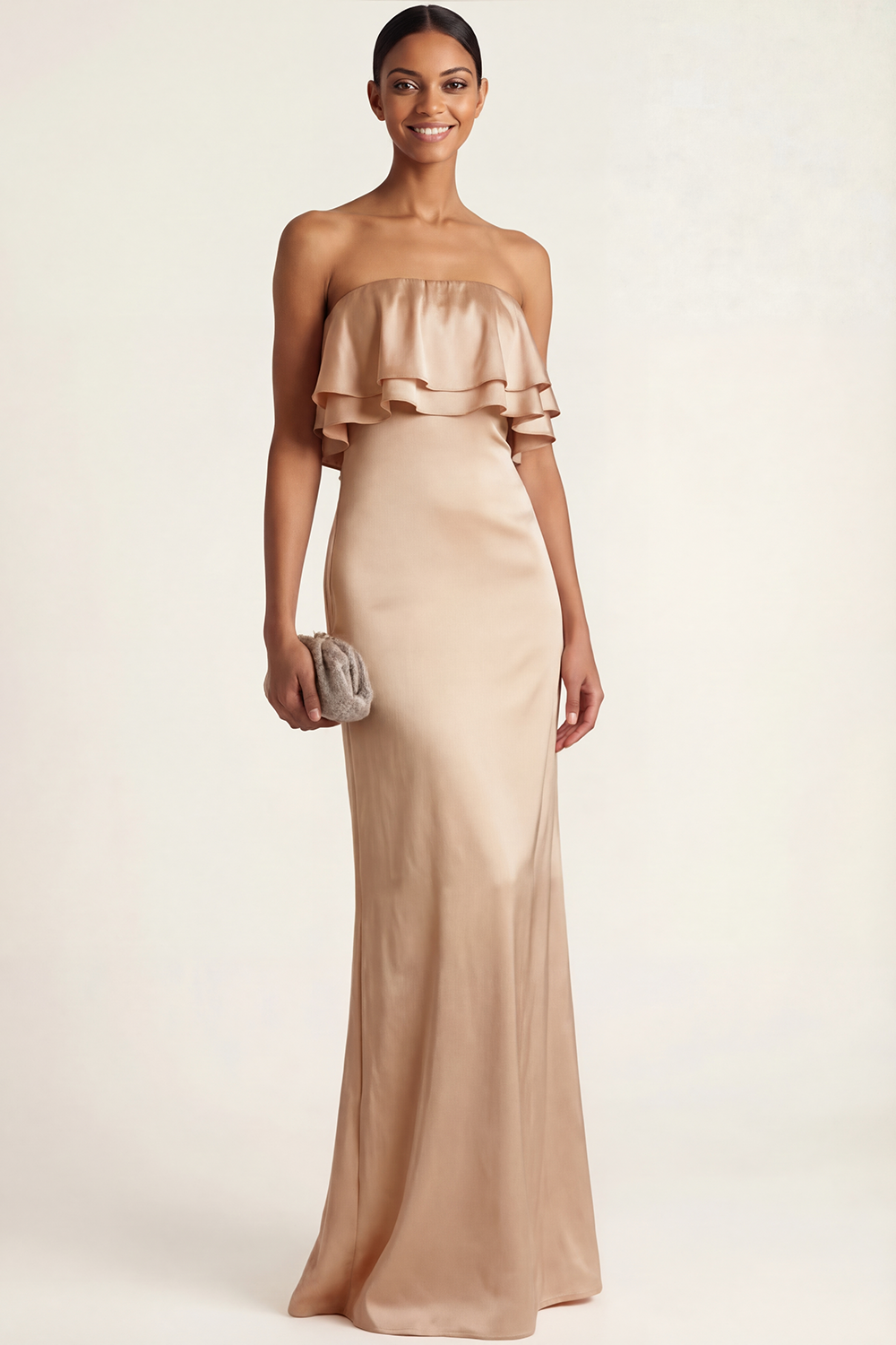 Pink Formal ​Wedding Bridesmaid Dress Strapless Ruffled Satin Maxi Dress