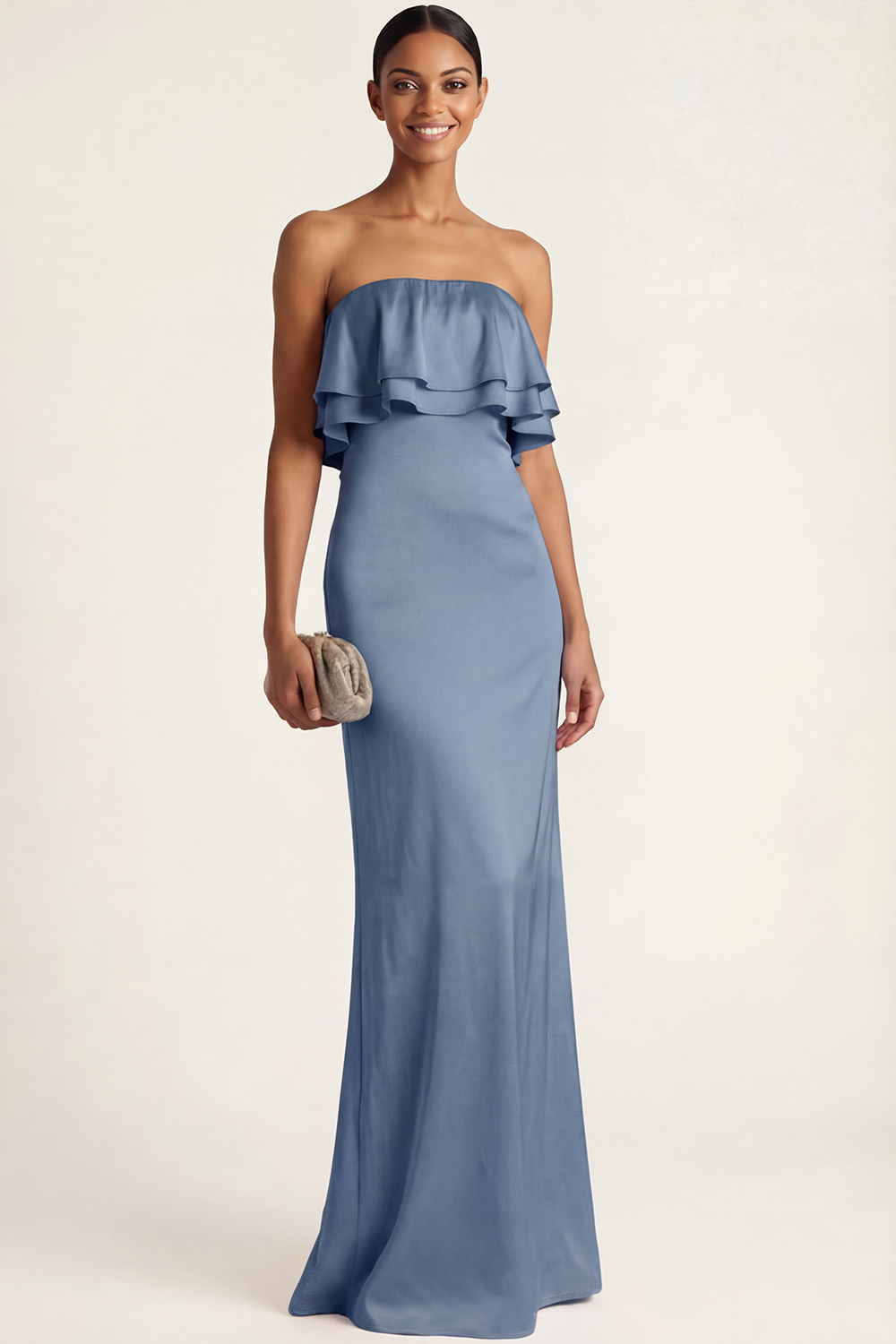 Pink Formal ​Wedding Bridesmaid Dress Strapless Ruffled Satin Maxi Dress