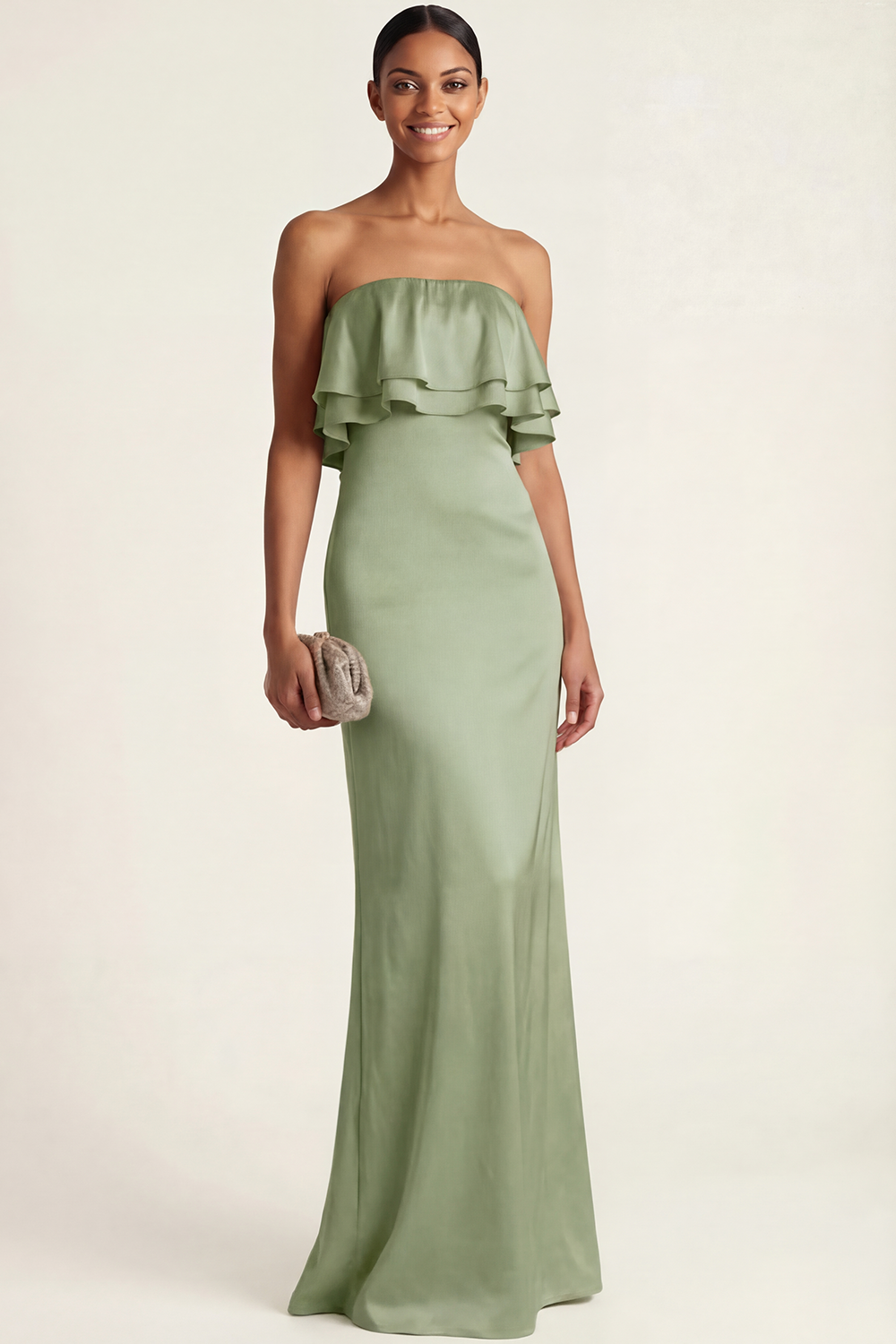 Pink Formal ​Wedding Bridesmaid Dress Strapless Ruffled Satin Maxi Dress