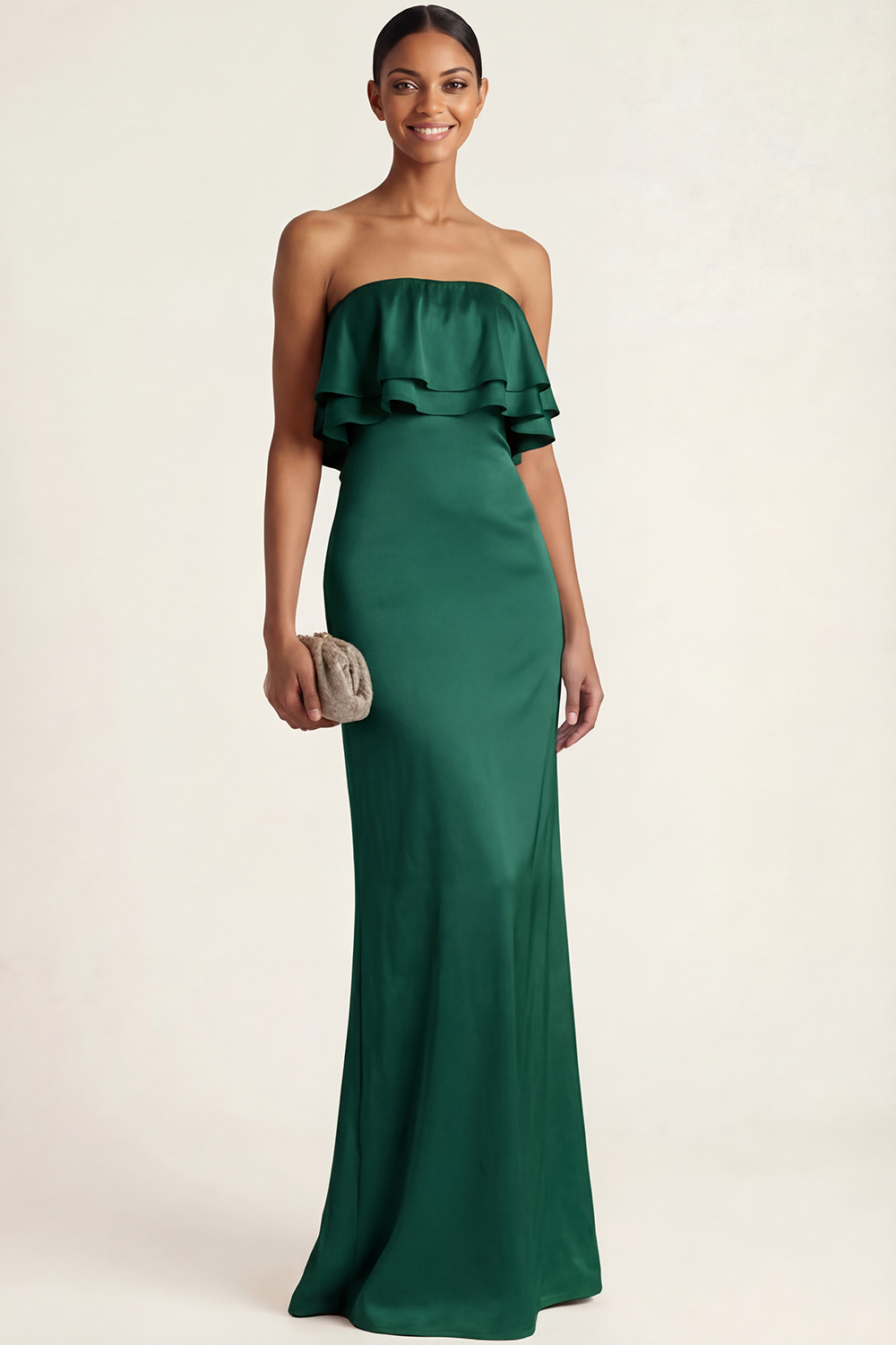 Pink Formal ​Wedding Bridesmaid Dress Strapless Ruffled Satin Maxi Dress 