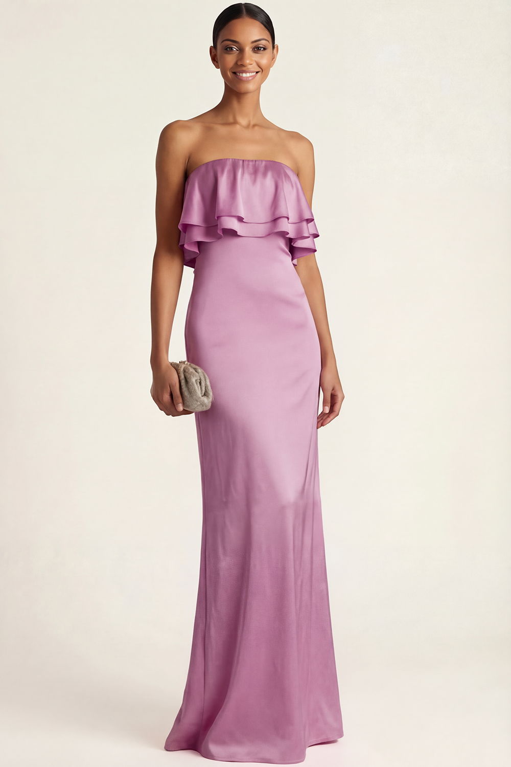 Pink Formal ​Wedding Bridesmaid Dress Strapless Ruffled Satin Maxi Dress 
