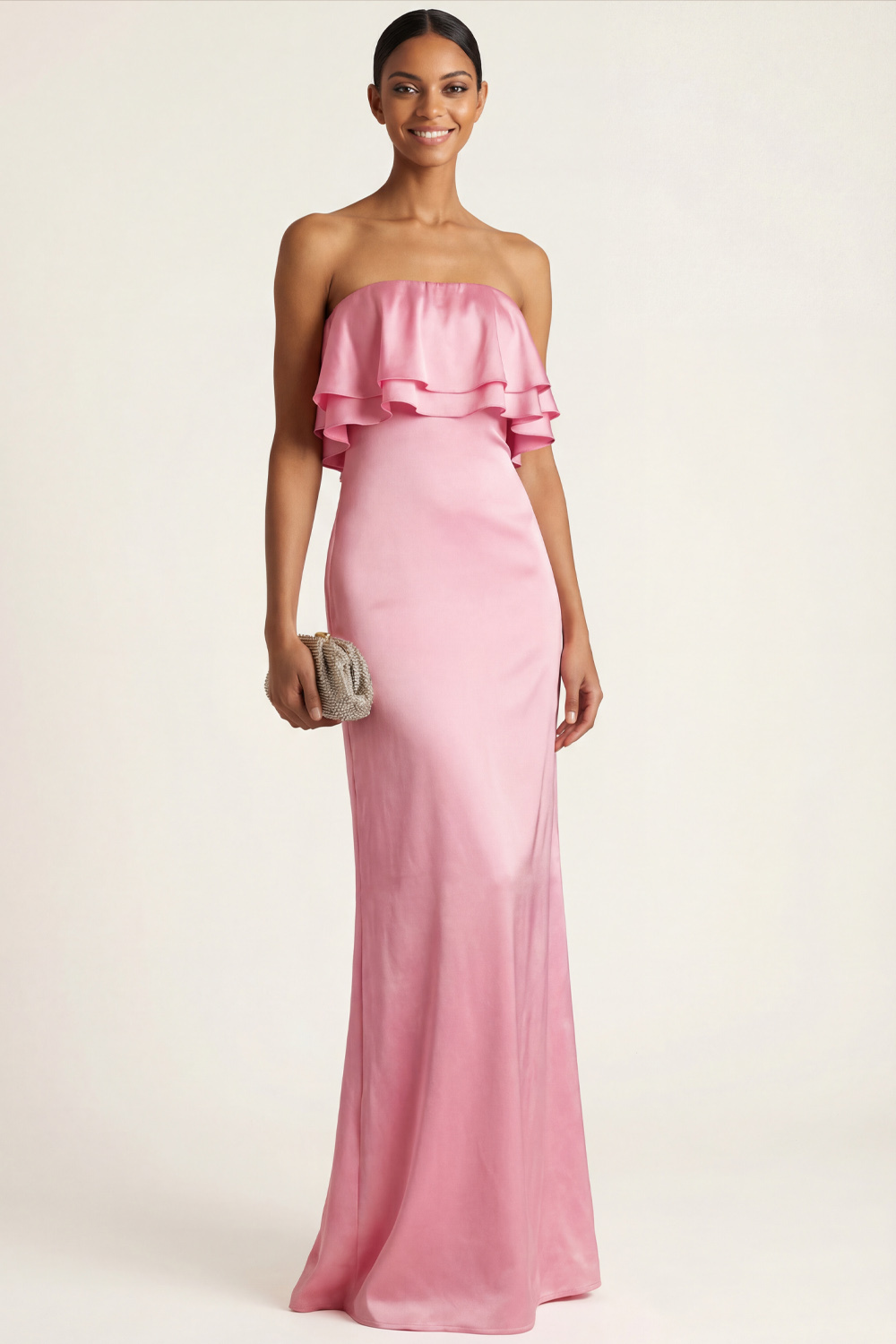 Pink Formal ​Wedding Bridesmaid Dress Strapless Ruffled Satin Maxi Dress