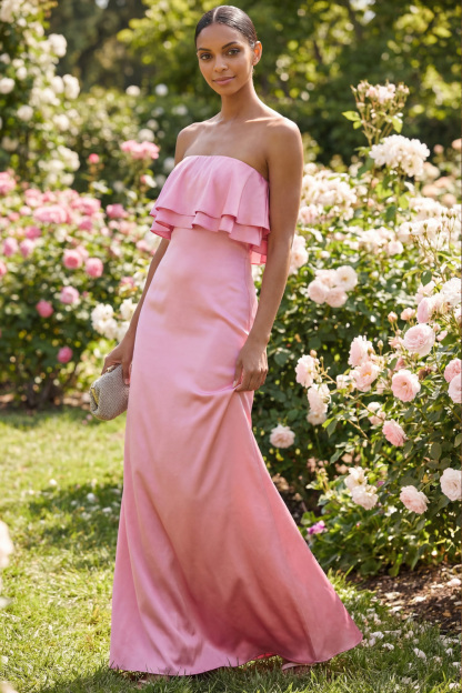 Pink Formal ​Wedding Bridesmaid Dress Strapless Ruffled Satin Maxi Dress 