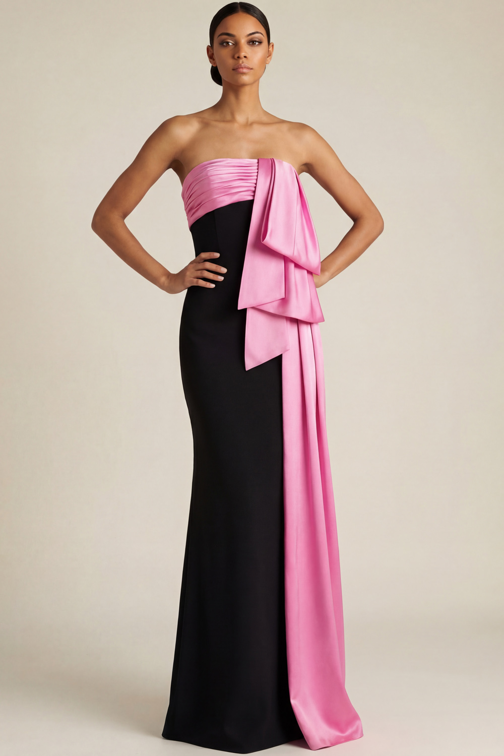 Pink Formal Evening Dress Strapless Satin Bow Maxi Dress 