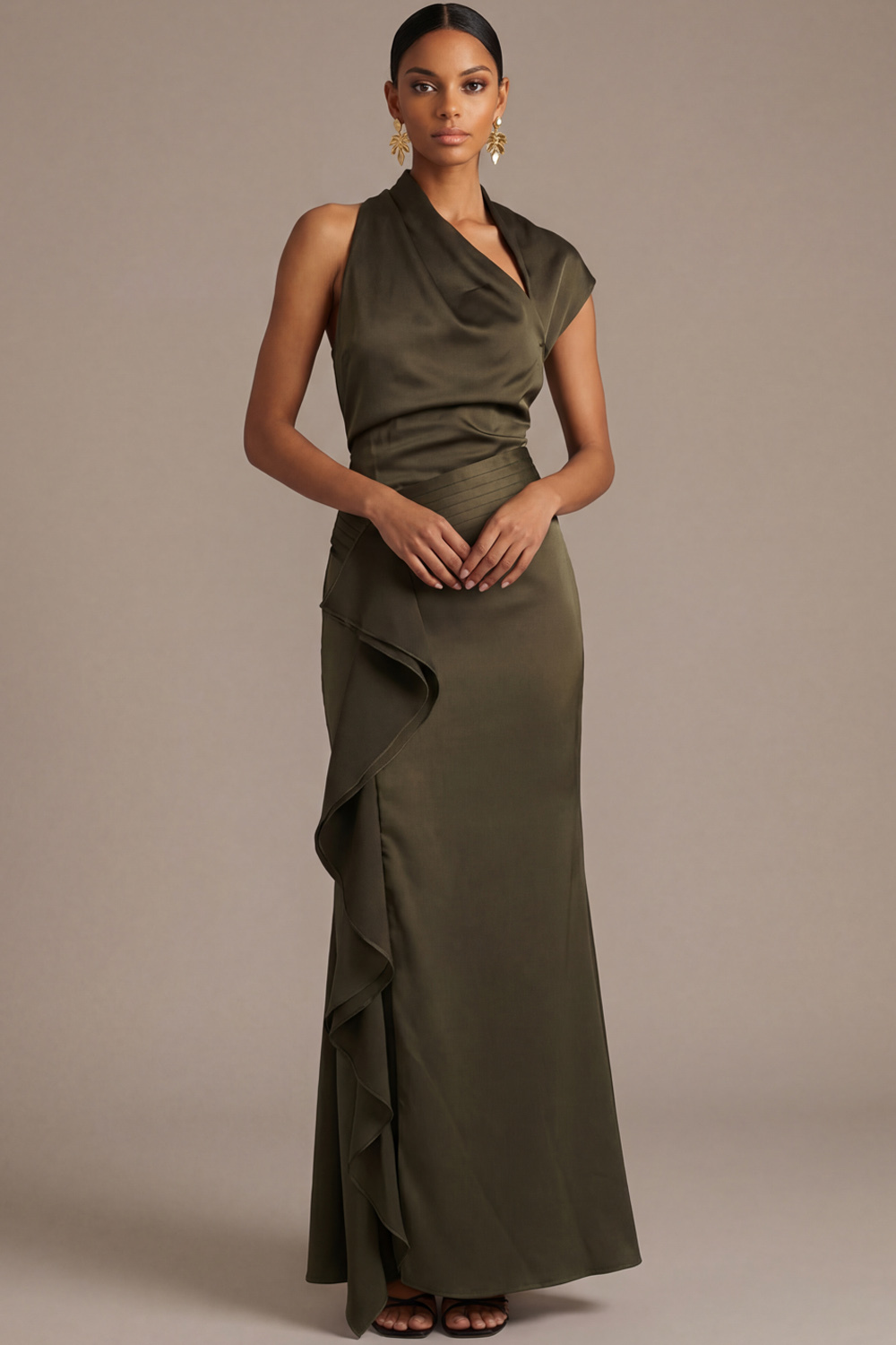 Army Green Formal Evening Dress Asymmetrical Neck Ruffle Maxi Dress