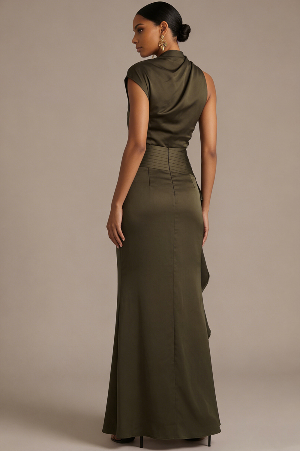 Army Green Formal Evening Dress Asymmetrical Neck Ruffle Maxi Dress 