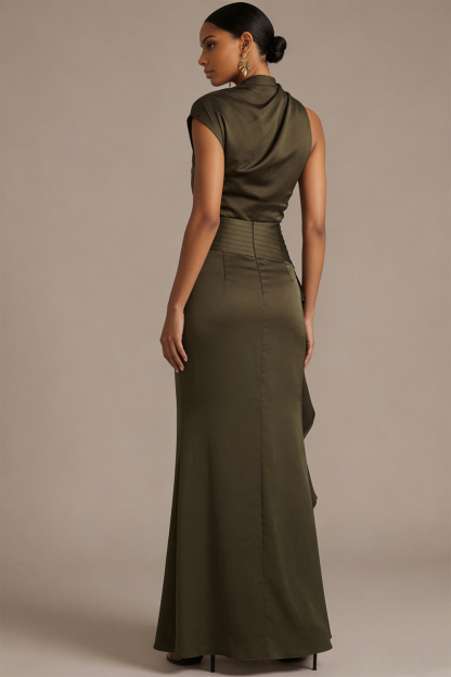 Army Green Formal Evening Dress Asymmetrical Neck Ruffle Maxi Dress 