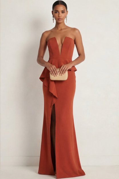 Terracotta Formal Evening Dress Mermaid Strapless Slit Maxi Dress