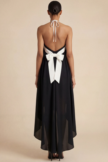 Black Formal Evening Dress Halter Chiffon High-Low Dress with Bow