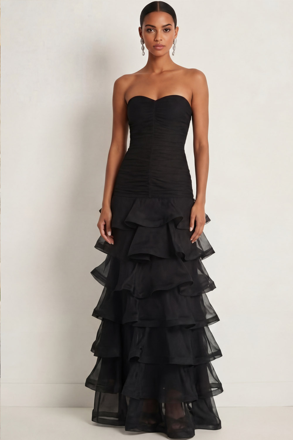 Black Formal Evening Dress A-Line Sweetheart Tiered Maxi Dress
