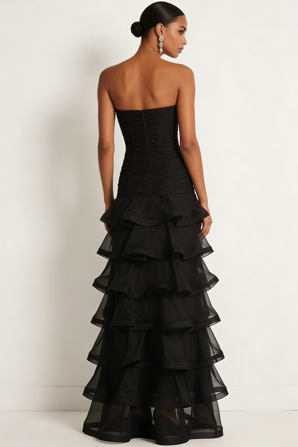 Black Formal Evening Dress A-Line Sweetheart Tiered Maxi Dress 