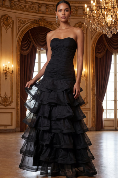 Black Formal Evening Dress A-Line Sweetheart Tiered Maxi Dress 
