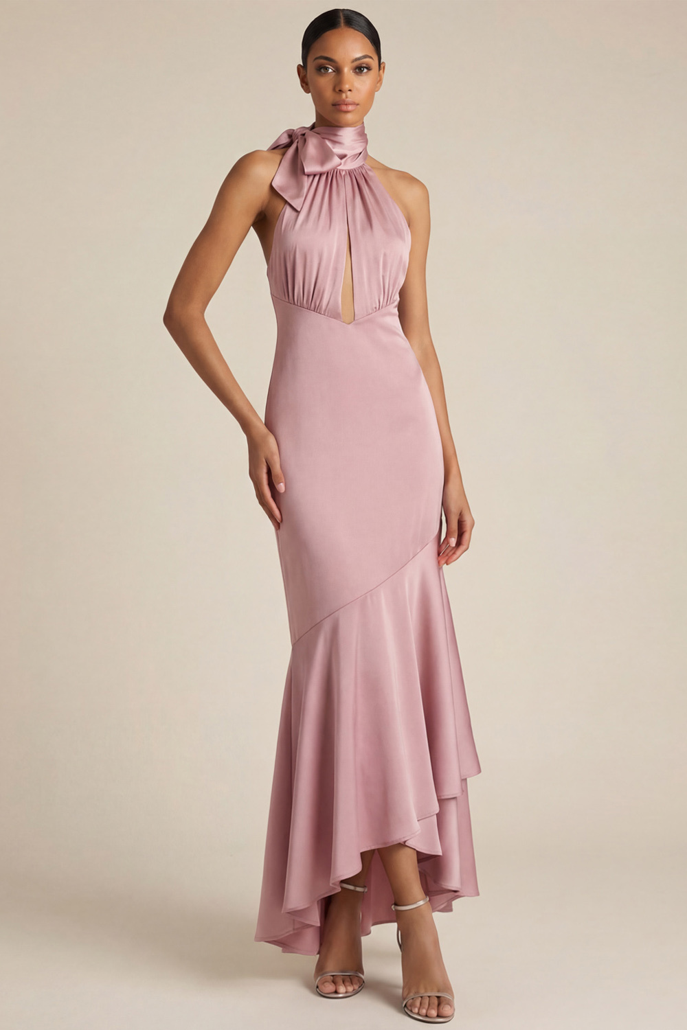 Pink Formal Evening Dress Mermaid Halter Satin Maxi Dress