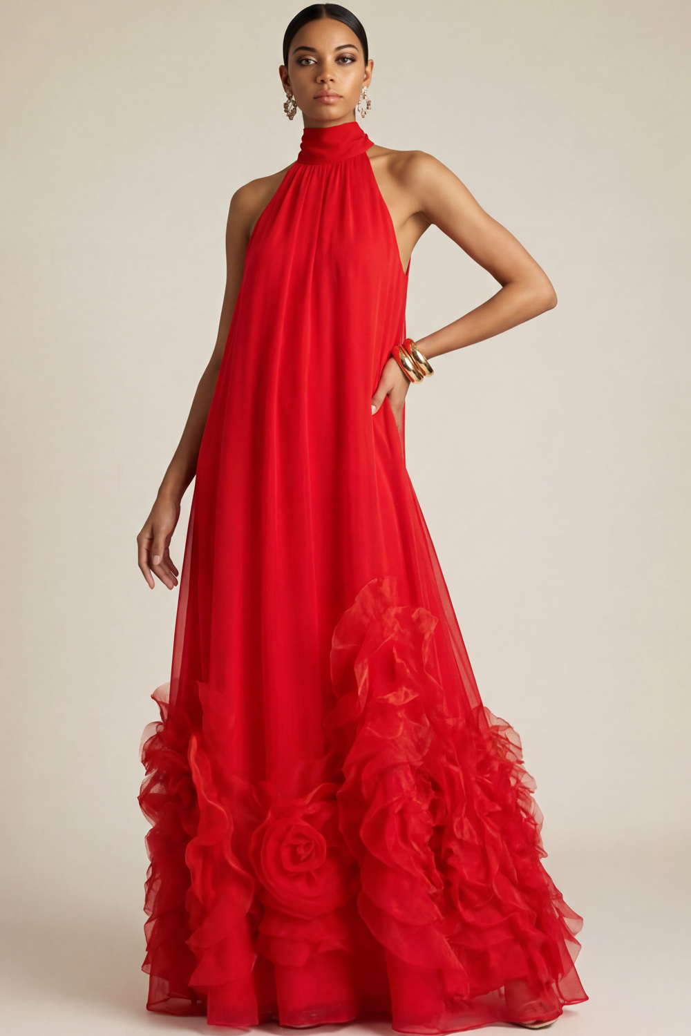 Red Formal Evening Dress A-Line Halter 3D Flower Maxi Dress