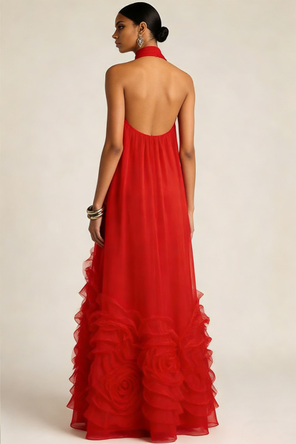 Red Formal Evening Dress A-Line Halter 3D Flower Maxi Dress 