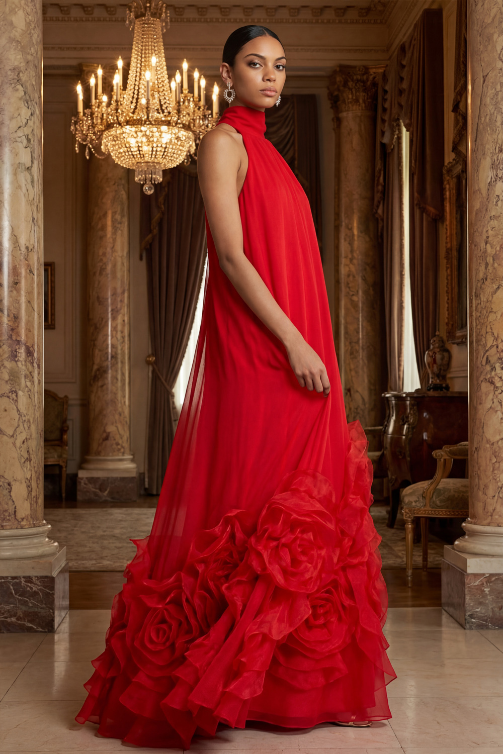 Red Formal Evening Dress A-Line Halter 3D Flower Maxi Dress 