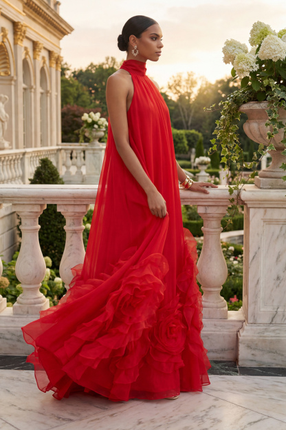 Red Formal Evening Dress A-Line Halter 3D Flower Maxi Dress 