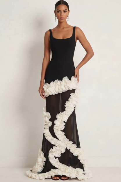 Black Formal Evening Dress Sheath Spaghetti Straps Tulle Maxi Dress