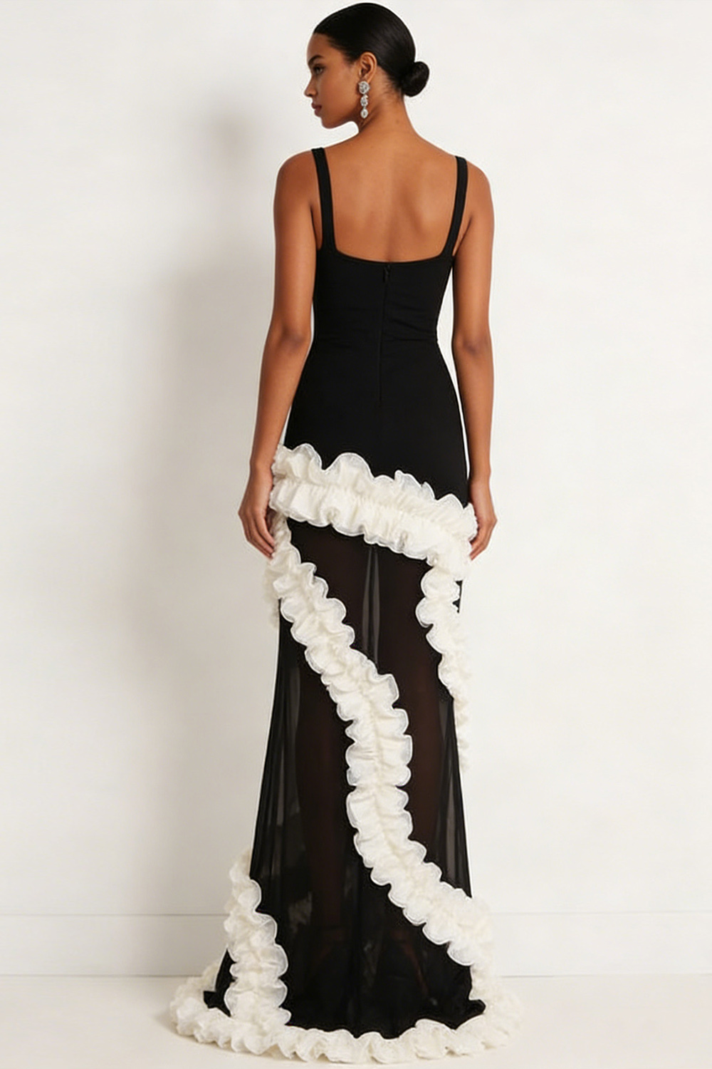 Black Formal Evening Dress Sheath Spaghetti Straps Tulle Maxi Dress