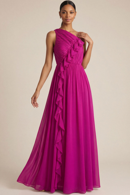 Fuchsia Formal Evening Dress One Shoulder Chiffon Ruffle Maxi Dress