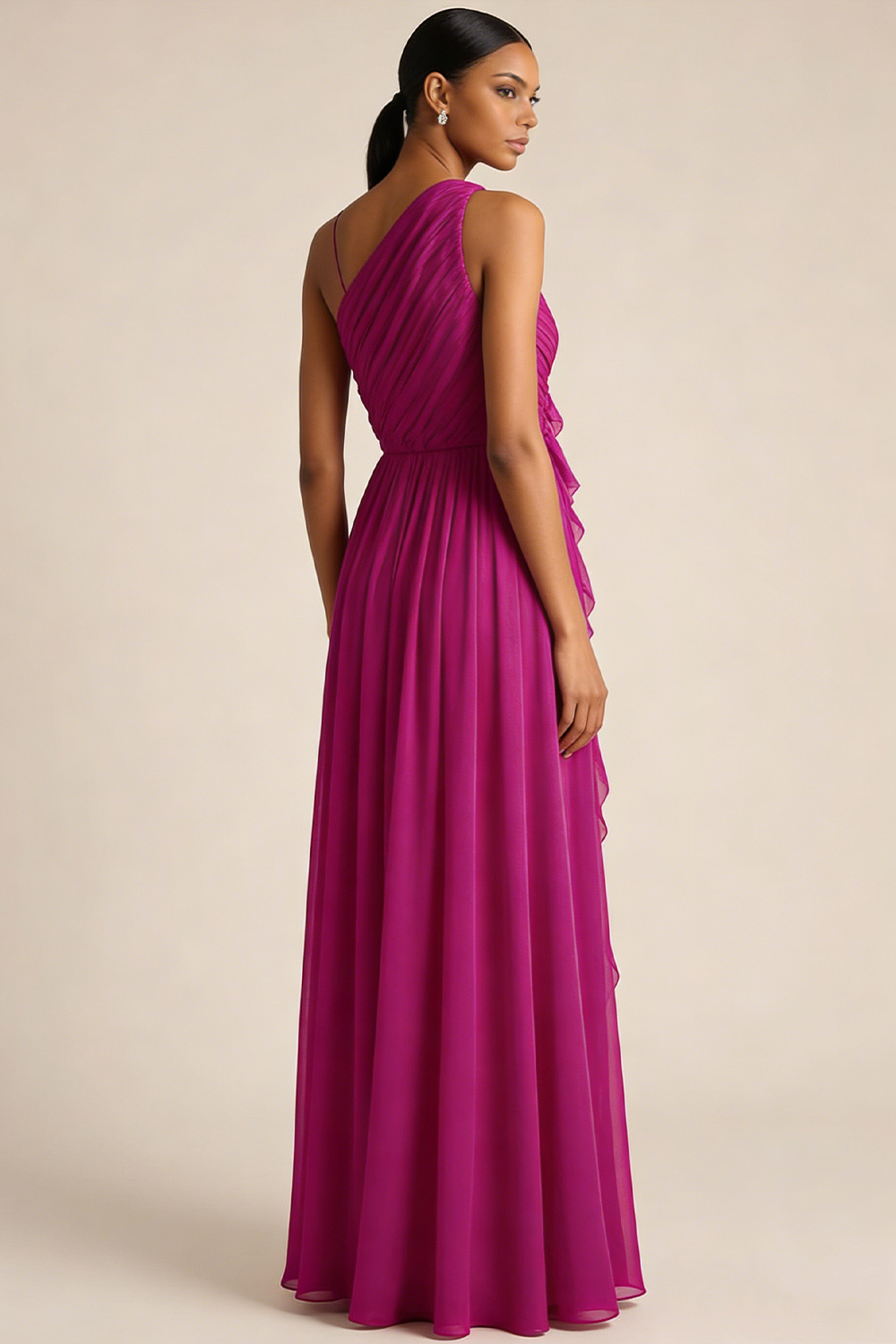 Fuchsia Formal Evening Dress One Shoulder Chiffon Ruffle Maxi Dress