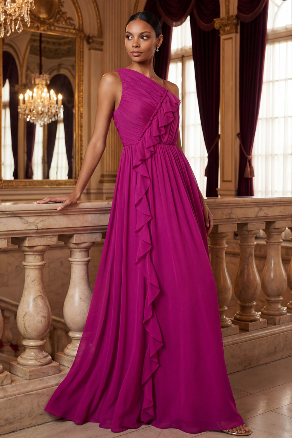 Fuchsia Formal Evening Dress One Shoulder Chiffon Ruffle Maxi Dress