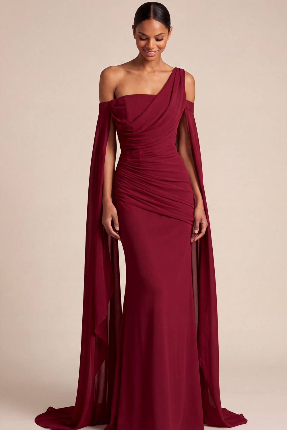 The Cygne | White Formal Dress Mermaid One Shoulder Chiffon Maxi Dress with Cape | Chiclody
