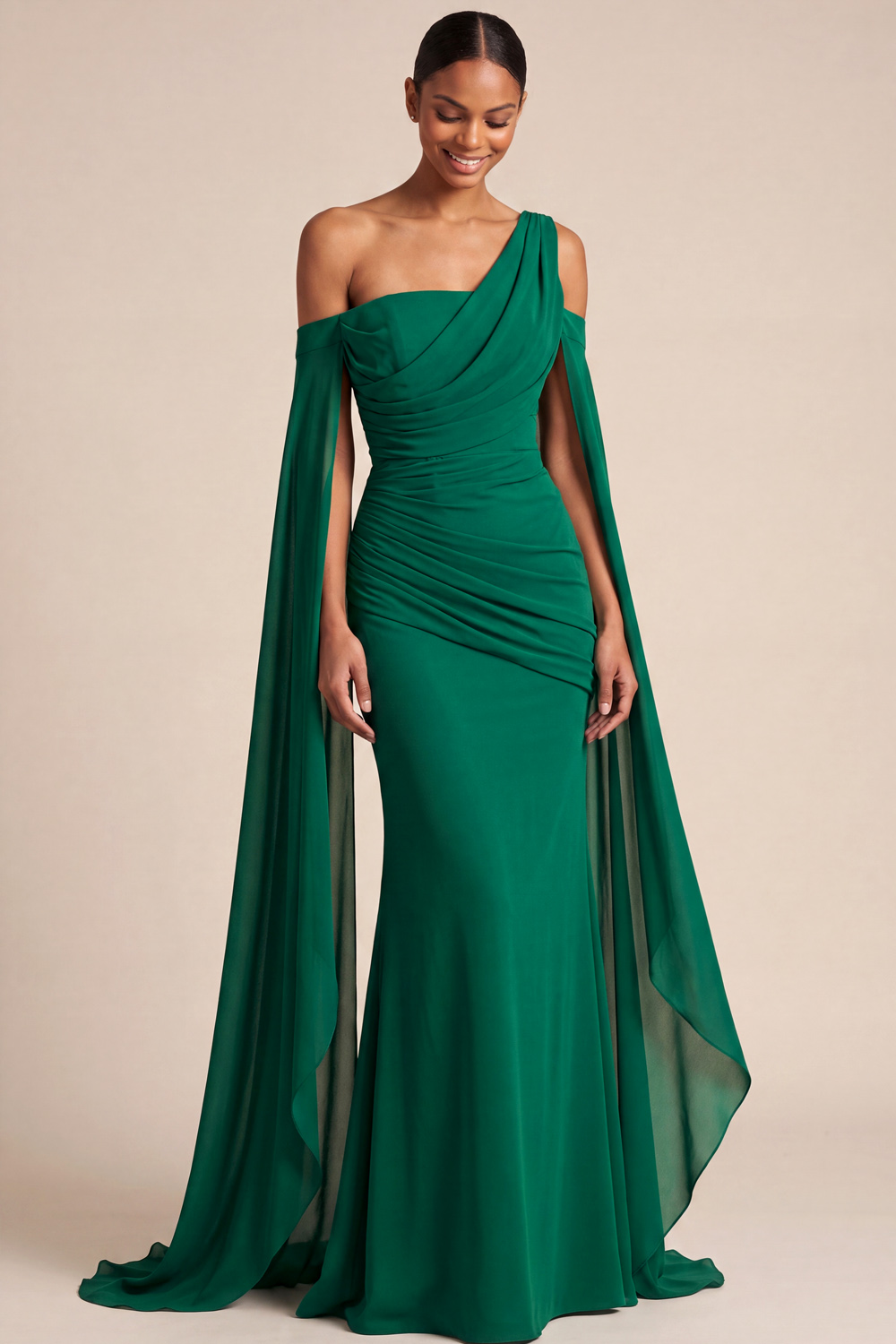 The Cygne | White Formal Dress Mermaid One Shoulder Chiffon Maxi Dress with Cape | Chiclody