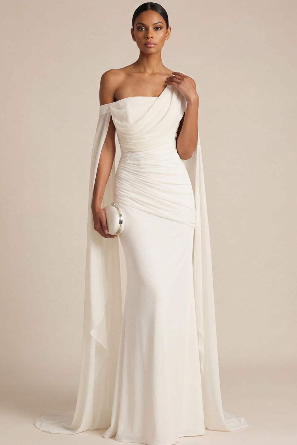 White Formal Dress Mermaid One Shoulder Chiffon Maxi Dress with Cape