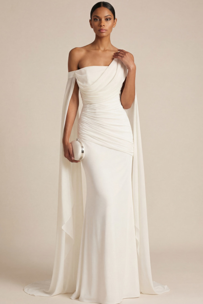 White Formal Dress Mermaid One Shoulder Chiffon Maxi Dress with Cape