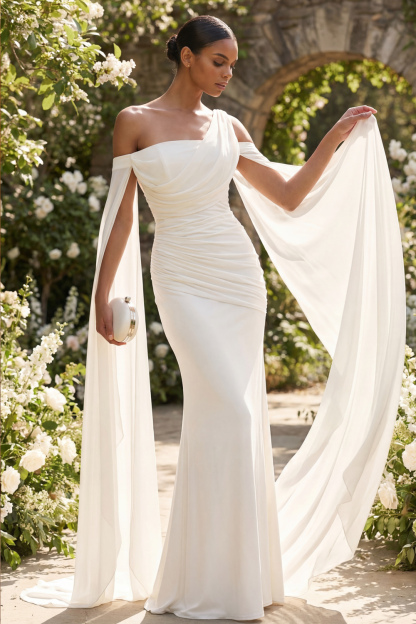 White Formal Dress Mermaid One Shoulder Chiffon Maxi Dress with Cape