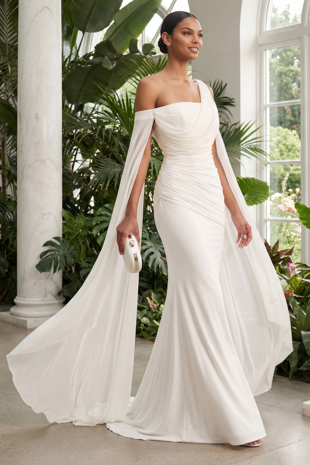 White Formal Dress Mermaid One Shoulder Chiffon Maxi Dress with Cape