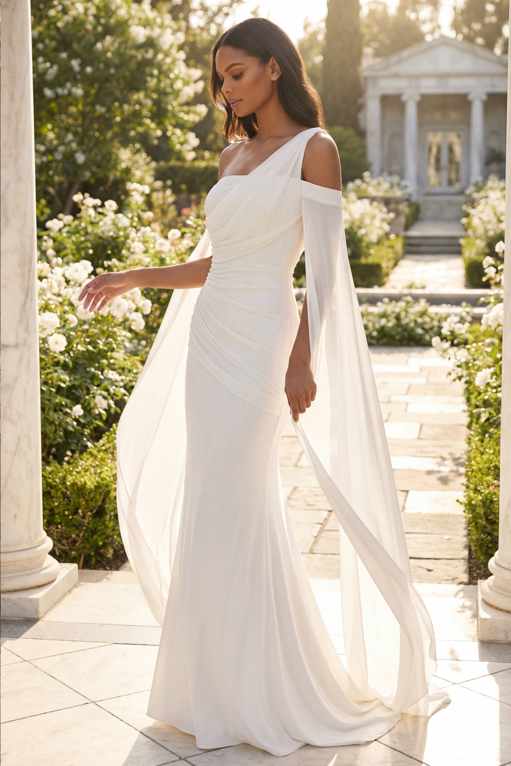 White Formal Dress Mermaid One Shoulder Chiffon Maxi Dress with Cape