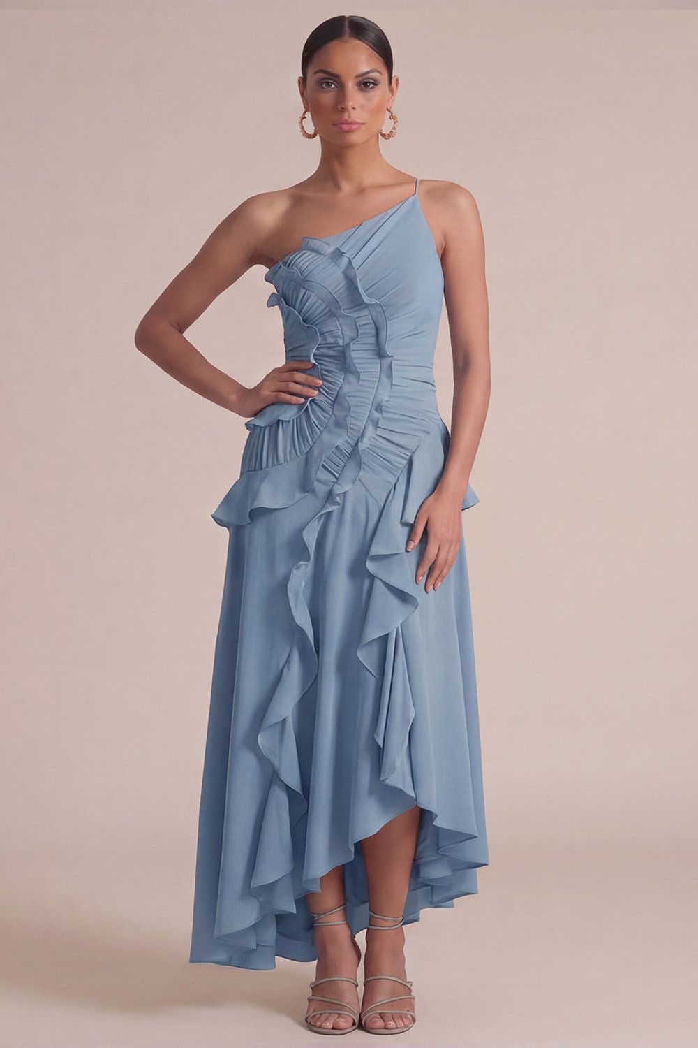 Dusty Blue Wedding Guest Dress One Shoulder Ruffled Maxi Dress